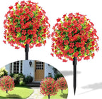 22.8" Set of 2 Fall Artificial Boxwood Topiary Ball with Spikes,UV Resistant Fake Outdoor shrubs with Violet Flowers, Realistic Faux Plants Bushes for Garden Front Porch Yard Patio Decor(Red)