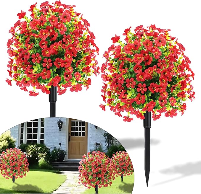 22.8" Set of 2 Fall Artificial Boxwood Topiary Ball with Spikes,UV Resistant Fake Outdoor shrubs with Violet Flowers, Realistic Faux Plants Bushes for Garden Front Porch Yard Patio Decor(Red)