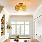 MAYNA Rattan Ceiling Light Fixture, Hand-Woven Boho Light Fixtures Ceiling Mount, Rattan Flush Mount Ceiling Light for Farmhouse Hallway Bedroom Kitchen Entryway Living Room (Black)