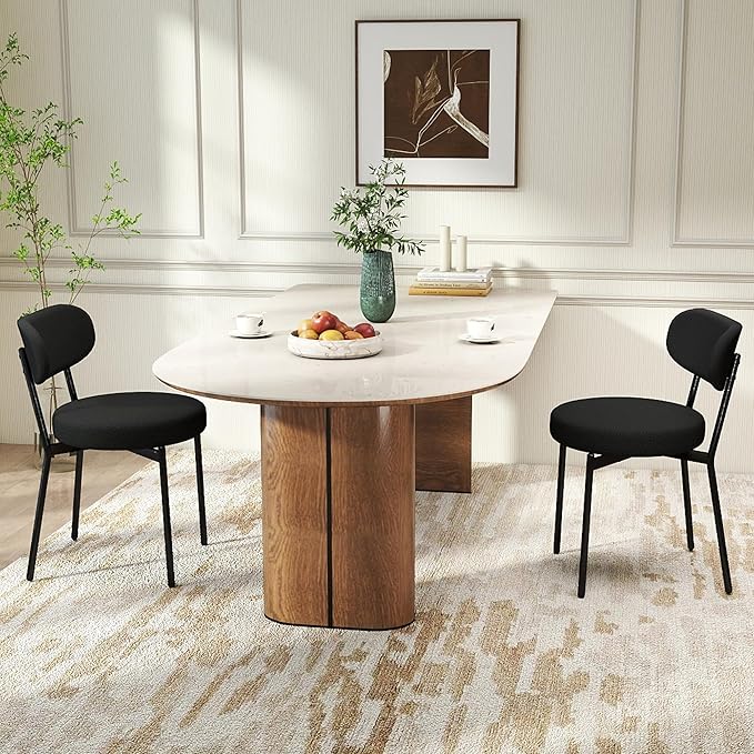 Dining Chairs Set of 2 pcs, Boucle Comfortable Upholstered Seat Fabric with Curved Backrest, Mid Century Modern Contemporary Scandinavian Designer Chairs Ideal for Dining Room, Kitchen, Black