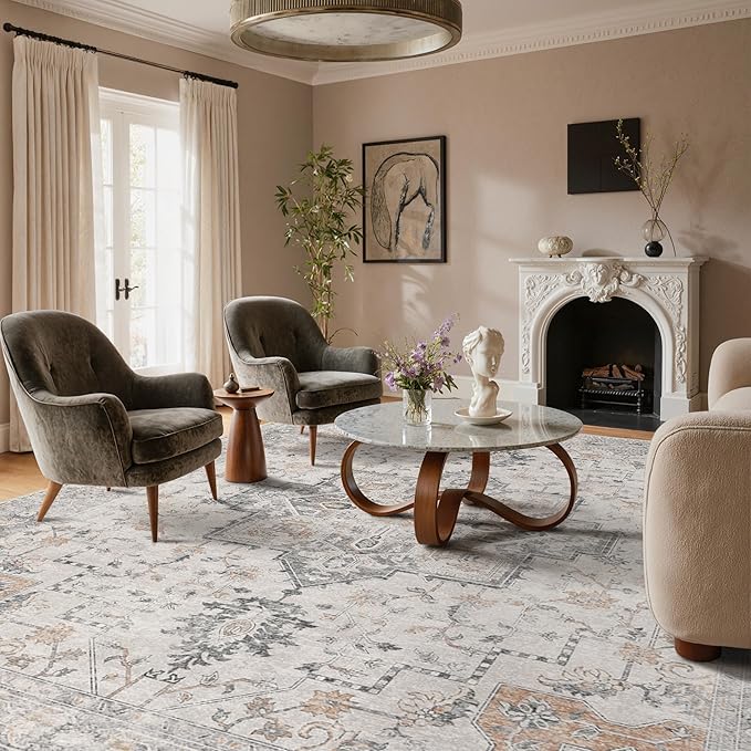 GENIMO 10x12 Area Rugs for Living Room, Non Slip Machine Washable Vintage Rugs, Low Pile Lightweight Chenille Print Large Rug for Bedroom, Dining Room, Home Office, Light Taupe Brown