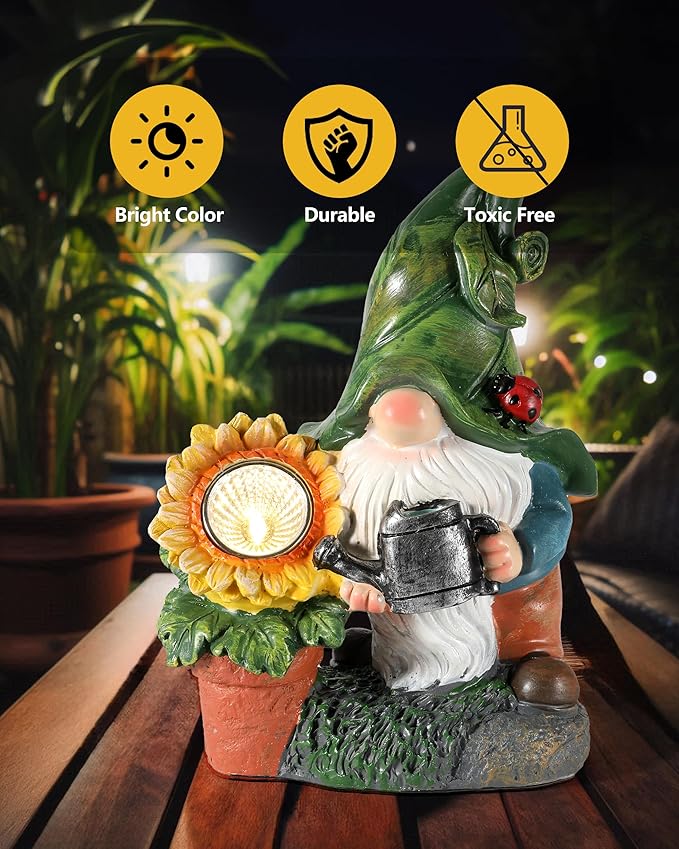 Solar-Powered Large Garden Gnome Watering Can Sunflower - 12 in Garden Decor Gnomes Decorations for Yard Lawn Ornaments Outside Statue Figurine LED Lights (Gnome)