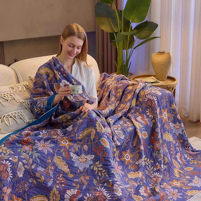 Boho Blanket, 100% Cotton Farmhouse Decorative Throw Blanket, 90"x98" Reversible Bohemian Throw Blanket, Purple All Season Muslin Breathable Woven Blankets Quilt