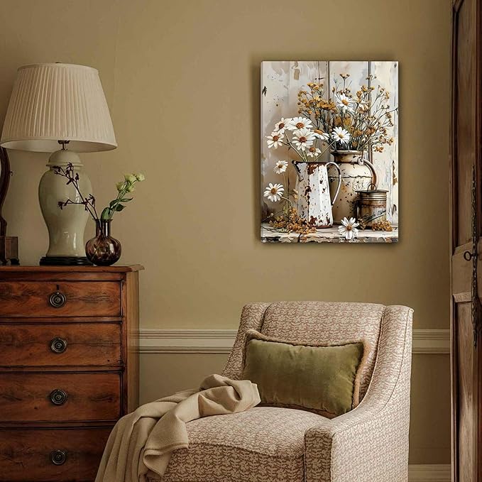 DUWQU 3 PCS Elegant Farmhouse Canvas Wall Art, Vintage Floral Pictures Art Wall Decor, Nature Themed Daisy Art Prints for Living Room Bedroom Kitchen and Office Ready to Hang 12×16 Inches