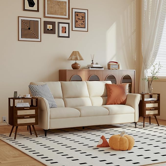 Rattan Nightstand with Charging Station,Farmhouse Bedside Table with 2 Storage Drawer and Open Wood Shelf, for Bedroom and Small Spaces,Night Stand with Solid Wood Legs (Walnut Brown-Outlet)