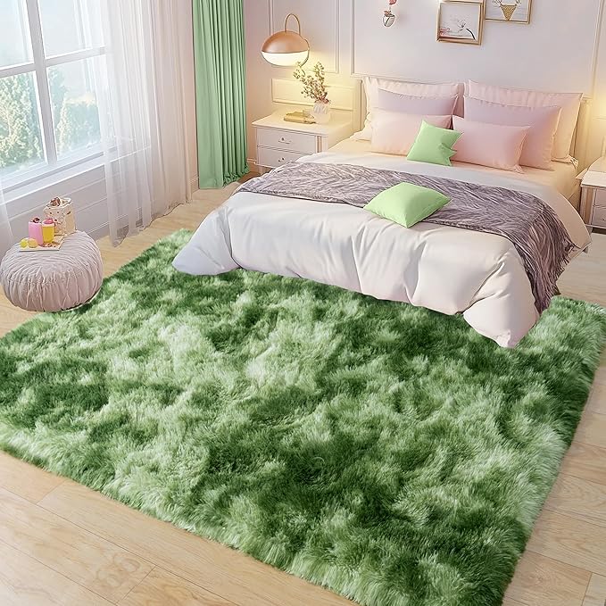 Large 8x10 Area Rugs for Living Room, Tie-Dyed Green Soft Shag Rug for Bedroom, Non-Slip Ultra Fluffy Rug, Modern Plush Carpet for Girls Boys Kids Room Dorm, Fuzzy Rug for Home Decor Aesthetic