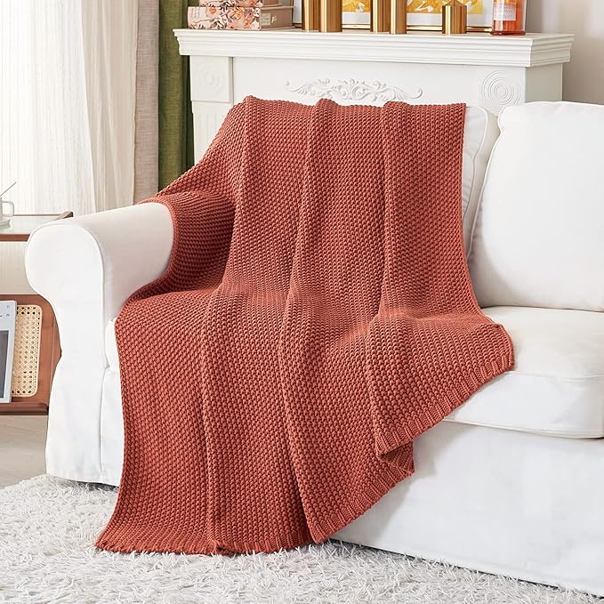 Longhui bedding Chunky Cable Knit Throw Blanket Lightweight Rust 100% Organic Cotton Blanket for Sofa Couch Bed Baby Nursery, Rustic Shabby Chic Modern Farmhouse, 60” x 80” Give Laundering Bag