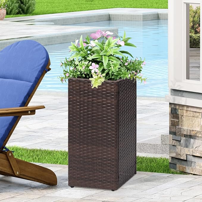 SUNNYPARK 2 Pack Tall Planters for Outdoor Plants Rattan Modern Tall Square Planter Box with Removable Liners Indoor Outdoor Porch Patio Flower Pot (12’’ x 12’’ x 24’’)
