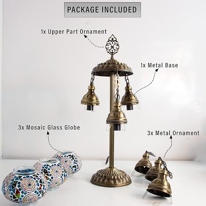 Mozaist Turkish Mosaic Lamp with Bulb – 3 Globe Tiffany-Style Moroccan Table Light (Multi-Colored)