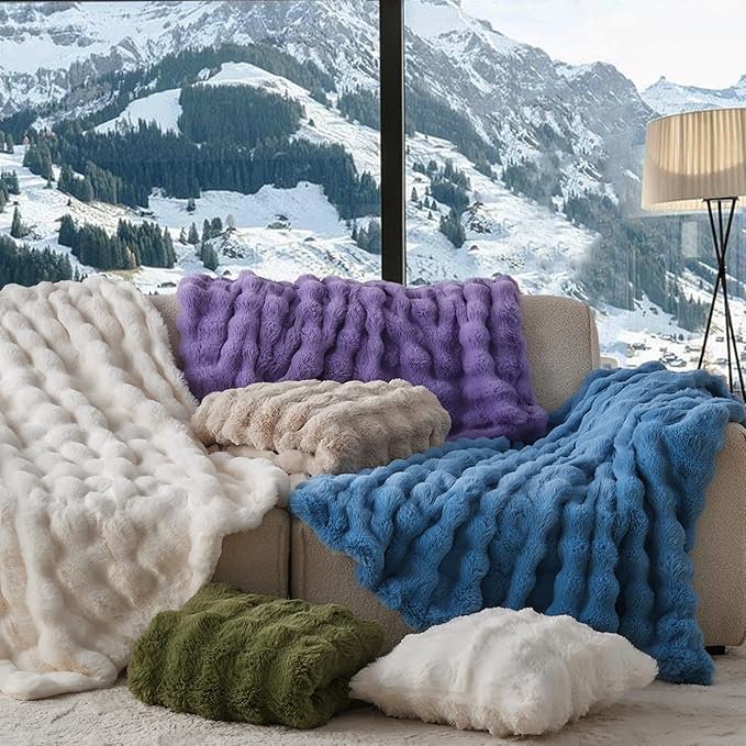 Lotus Karen Faux Fur Throw Blanket Sky Blue - Big Bubble Rabbit Fluff Blanket for Couch Bed Sofa,Softest Fluffy Fuzzy Cozy Blanket,Thick Furry Plush Shaggy Warm Blankets for Women,108x90 Inches