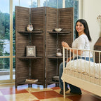 Partition Room Dividers, 67 * 51inch Folding Wood Privacy Screen with Three Display Shelves Suitable for Home Office, Study, Art Display - 4 Panel (Brown)