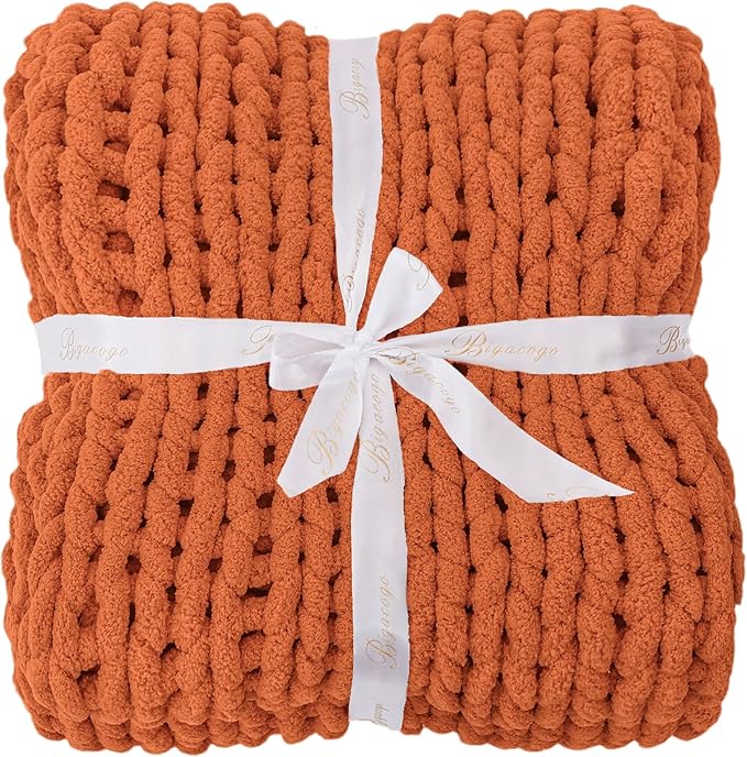 Bigacogo Chunky Knit Throw Blanket for Couch, 40x60 inches, 100% Hand Knitted with Thick Jumbo Chenille Yarn, Cozy Soft Large Rope Knot Cable Crochet Blankets for Sofa Bed Living Room, Terracotta