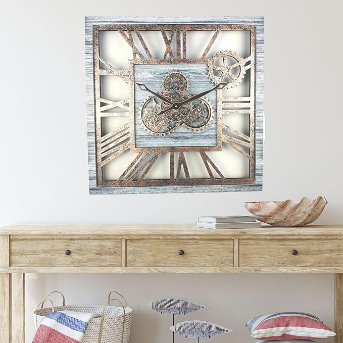 The Gears Clock 24'' Inch Square Real Moving Gear Wall Clock Vintage Industrial Oversized Rustic Farmhouse (Silver Grey)