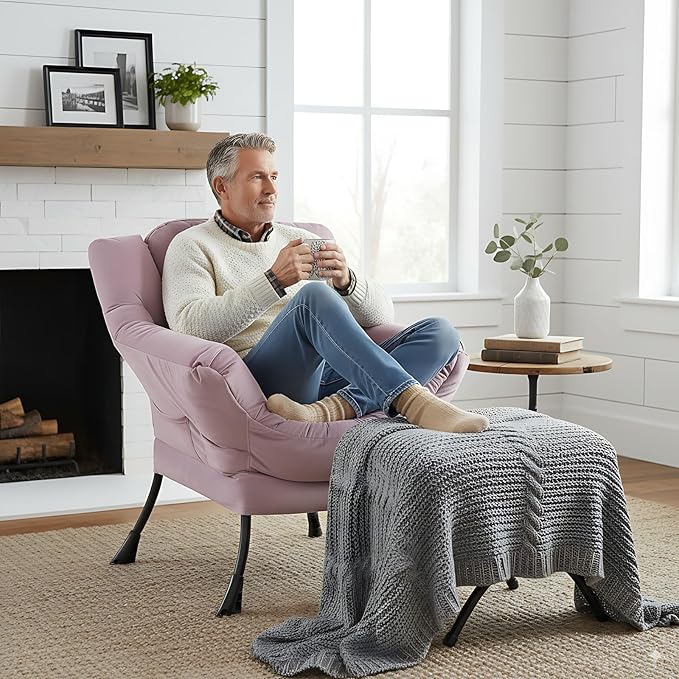 Lazy Chair and Ottoman, Large Accent Lounge Chair with Armrests and a Side Pocket, Modern Leisure Upholstered Sofa Reading Armchair with Footrest for Bedroom, Living Room, Dorm Rooms, Office