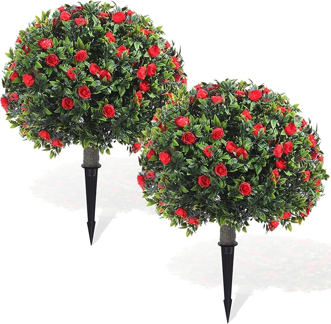 Yunlly Set of 2 Artificial Boxwood Topiary Ball Tree Fake Bushes Shrubs Outdoor Faux Plant with Ground Spike Flowers UV Resistance Greenery for Front Porch Garden Patio Indoor(Red,18x10inch)