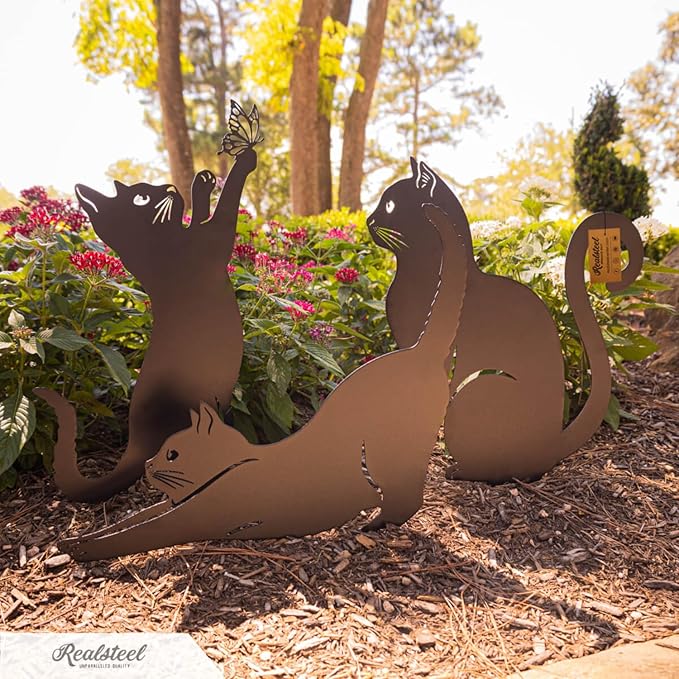 RealSteel I 3 Pack Steel Cat Garden Decor I Outdoor Yard Decorations I Gift for Cat Lovers I Lawn Ornaments and Statues I Garden Signs Decorative Outdoor - Gold