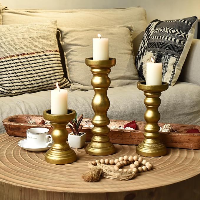 SWALLOWLIVING Rustic Farmhouse Wood Pillar Candle Holder Set of 3 for Candlestick, Gold