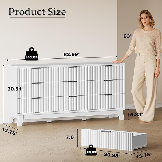 63" Long Dresser for Bedroom, 9-Drawer Fluted Dresser, Extra-Wide Wood Chest of Drawers with Smooth Metal Slides, Stable Base, Modern Clothes Storage Cabinet for Living Room, Hallway, Nursery
