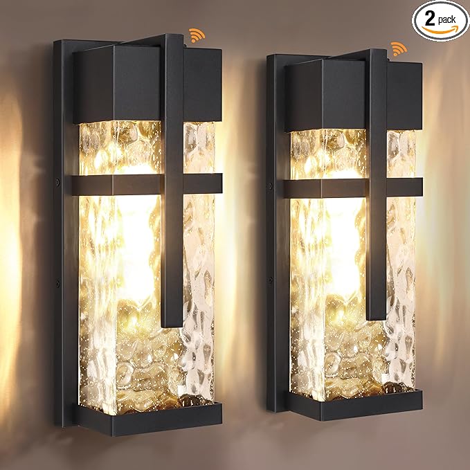 Hammered Glass Outdoor Wall Lantern, Dusk to Dawn Wall Sconce Lighting, 2 Pack Outdoor Light Fixtures, Exterior Porch Light with Waterproof, Modern Wall Lamp for Garage, Doorway, Patio(Bulb Included)