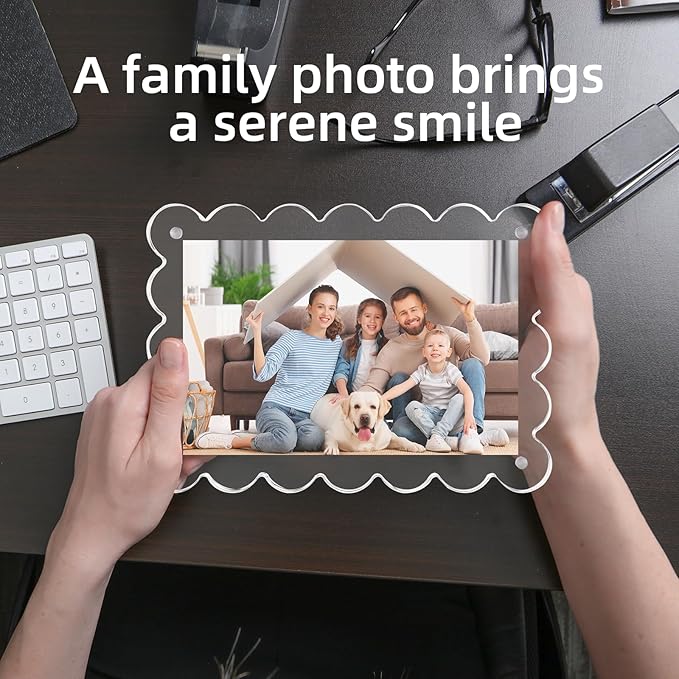 3 Pack Acrylic Picture Frame: 4x6inch Magnetic Picture Frames, Double Sided Magnet Frames,10+10mm Thick Block, Clear Photo Scalloped Frames Freestanding for Desktop Display (Clear, 4X6)