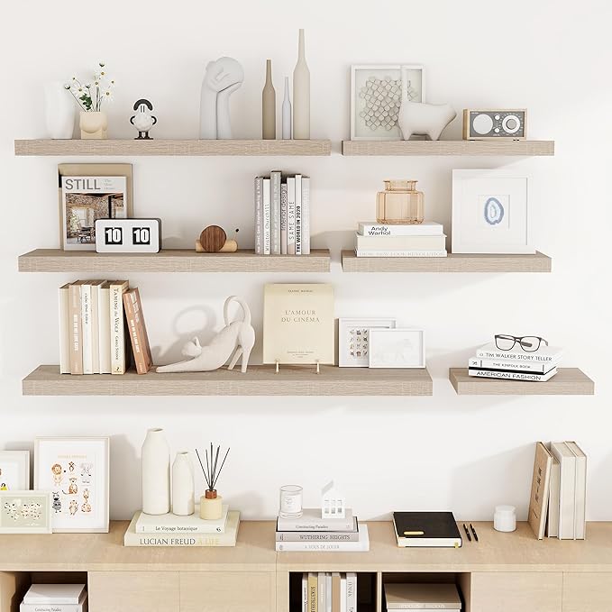 24 Inch Floating Shelves, 3D Textured Wood Grain, 24"x9.25"x1.5" Inch Deep Floating Shelves for Wall, Wooden Shelves for Bathroom, Bedroom, Living Room, Vintage White Oak, 2 Pieces