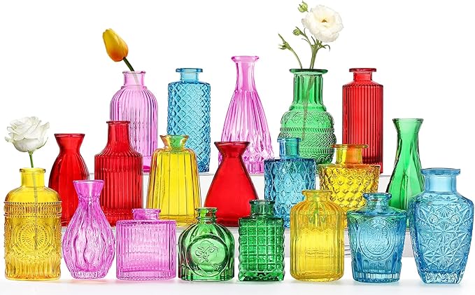 Color Bud Vases in Bulk -Glass Colorful Bud Vase Set Small Flower Glass for Centerpieces,Mini Vintage Style for Rustic Wedding Decorations, Holiday Party Table Flower Decor (20 Colors)
