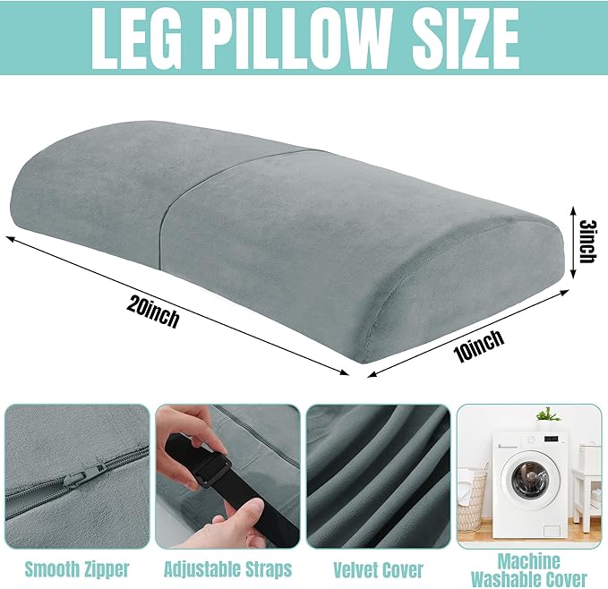 ROYALAY Recliner Leg Rest Cushion with Adjustable Straps Memory Foam Under Knee Pillow for Foot Elevation, Half Moon Leg Pillow Foldable bolster pillow for Waist Back Neck Reduce Pressure,gray