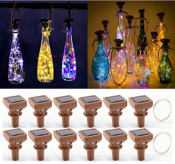 YJFWAL Upgraded 12 Pack Solar Wine Bottle Lights, 20 LEDs Waterproof Copper Light, Bottle Light Fairy Cork String Lights for Yard Patio Decor, DIY Birthday Gift for Mom Grandma Girlfriend(3 Colors)