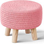 Wimarsbon Pouf Ottoman, 100% Cotton Knitted Boho Footstool, Round Footrest with Non-Skid Wood Legs, Home Décor Handmade Pouffe, Leisure Floor Step Stool for Living Room (Pink)