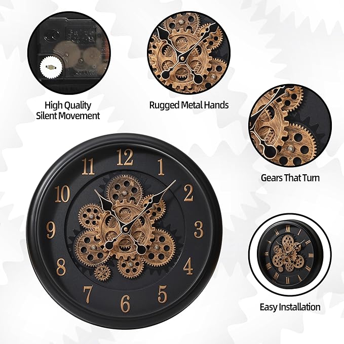 Maxstar Large Moving Gear Wall Clock,16" Vintage Mechanical Battery Operated Industrial Wall Clocks for Farmhouse Living Room,Home Office, Dinning Room, Kitchen, Steampunk Decor-Black,Arab Numeral