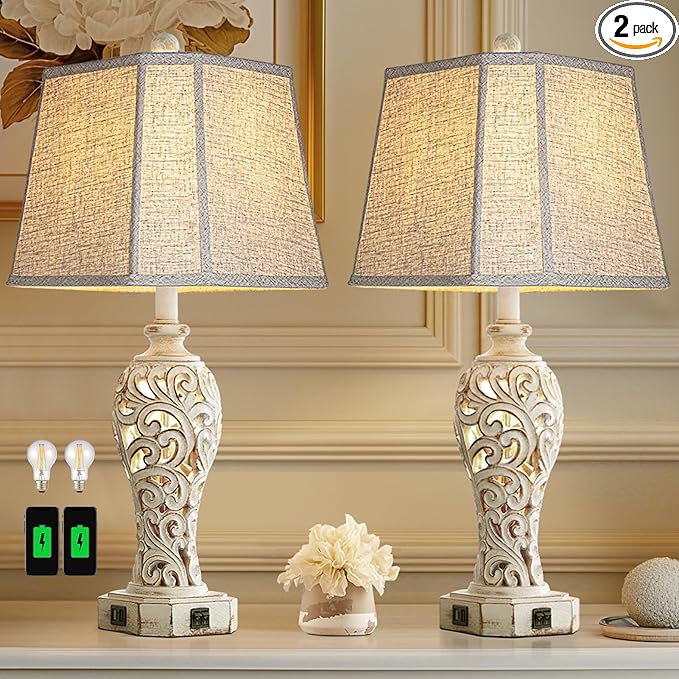 Set of 2 Rustic Table Lamps for Living Room Bedroom, Farmhouse Vintage Nightstand Lamp with 2 USB Ports, Hollow Out Resin Lamp for End Table with Nightlight, Bulbs Included (Wash White)