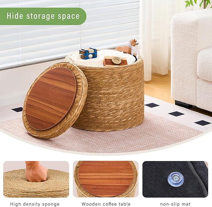 Wimarsbon Storage Pouf Ottoman, Hand Weaving Natural Straw Foot Stool, Bohemian Round Patio Ottomans, Rustic Lounge Pouffe, Outdoor Extra Seat for Garden