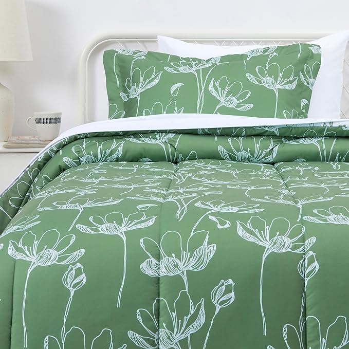 Amazon Basics Lightweight Microfiber Comforter Sets, 5 Pieces, Green, Floral, Twin/Twin XL