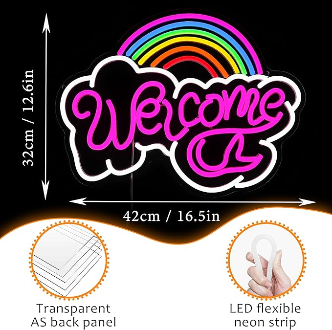 LISIGNVE Rainbow Welcome Neon Sign Cloud Light Up Sign Welcome Led Sign Rainbow Neon Light with USB for Bedroom Wedding Party School Business Wall Decor (16.5”*12.6”)