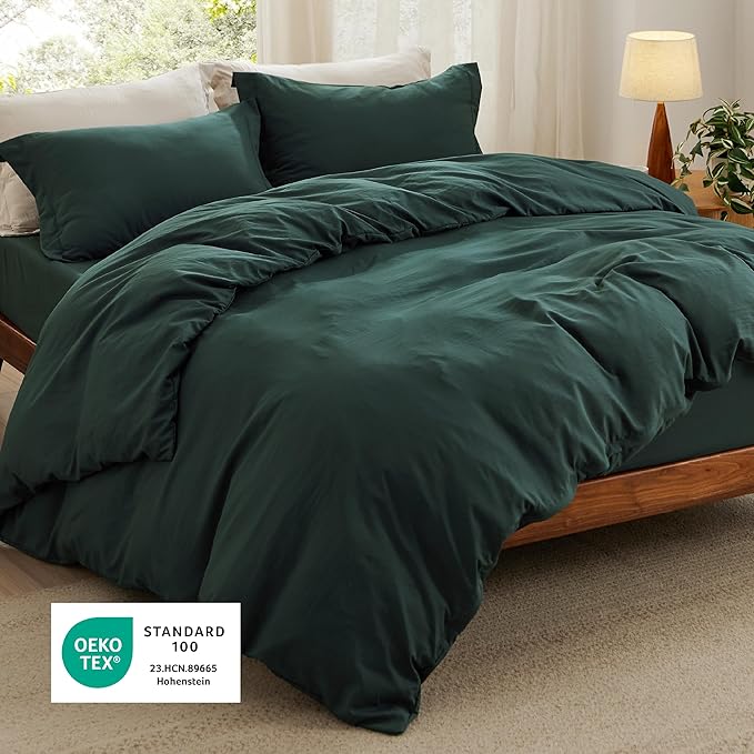 Bedsure Duvet Cover Full Size with Fitted Sheet - 4 Pieces Prewashed Cotton-Like Extra Soft Bedding Set, Includes 1 Duvet Cover 80x90 Inches, 2 Pillow Shams, 1 Fitted Sheet, Forest Green