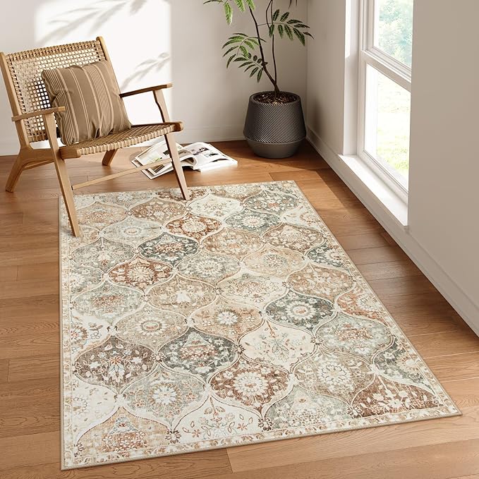 Lahome Moroccan Trellis Small Area Rug, 3x5 Washable Rug for Bedroom Living Room, Non-Slip Oriental Accent Throw Carpet for Kitchen Office Entryway Bathroom Office, Khaki