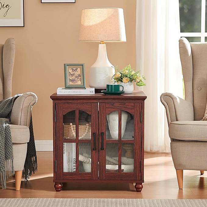 Farmhouse End Table Set of 2 with Charging Station, 18'' Narrow Side Table and 24" Large Sofa Side Table with Glass Barn Door Storage, Wood Night Stand Bedside Table for Living Room,Bedroom