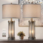 Set of 2 Rustic Table Lamps for Living Room with 2 USB Ports, Vintage Bedside Lamps with Gray Frosted Glass Night Light for Bedroom Desk Lamps for Entryway, 4 Bulbs Included