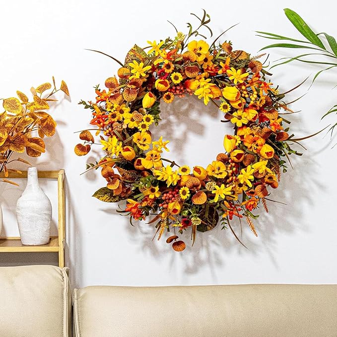 22 Inches Fall Wreaths for Front Door Rustic Autumn Wreath Farmhouse Fall Floral Wreaths with Tulips Orange Wildflowers for Wall Window Porch Indoor Outside
