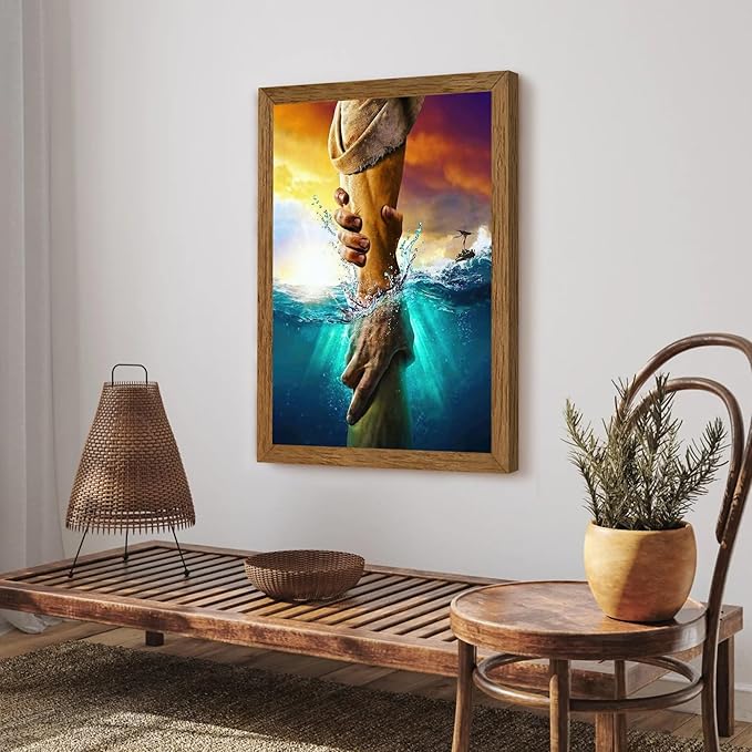 Solid wood Framed Jesus Christ Canvas Wall Art The Hand of God Jesus Reaching Into Water Christian Painting Prints Biblical Wall Decor Religious Room Decor for Church Prayer Room Schools 16'' x 24''