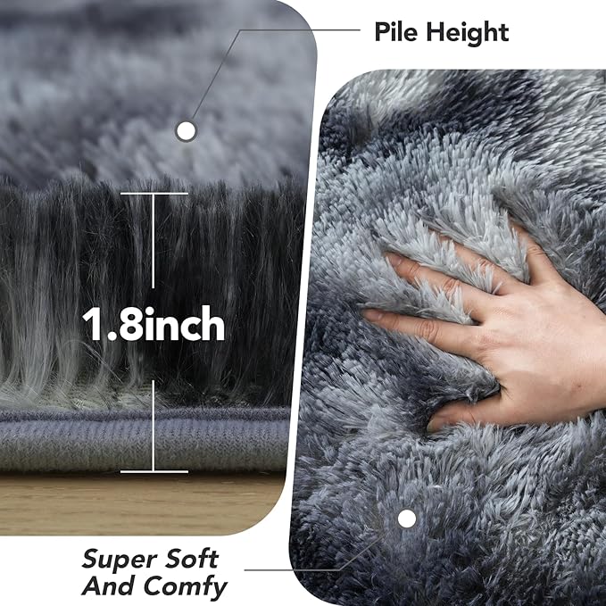 Fluffy Area Rug for Bedroom: Grey Plush Soft Bedside Dorm Area Rug - Small Carpets for Bedroom Kids Room Nursery (Tie-Dyed Dark Grey, 3x5Feet)