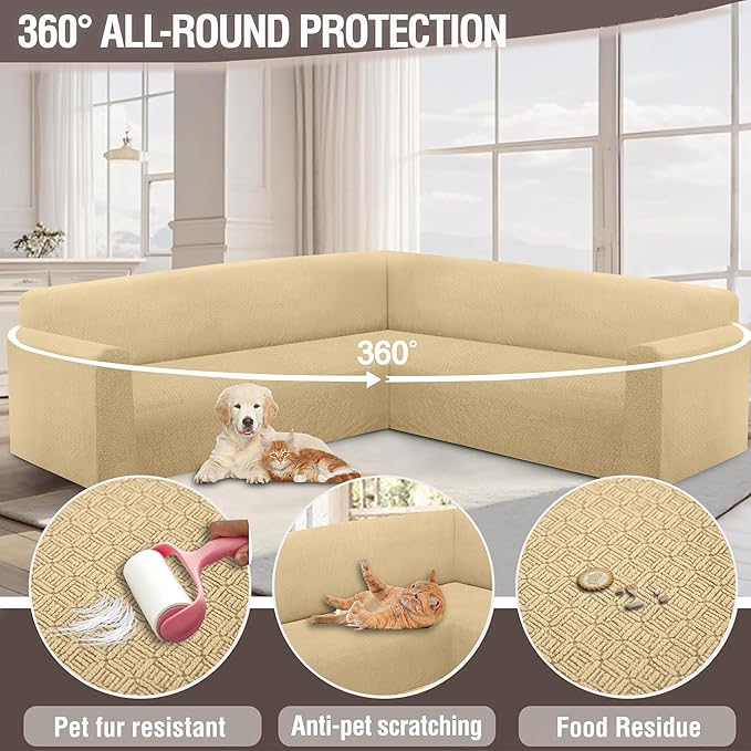 HDCAXKJ Sectional Couch Cover L Shape Stretch Sofa Covers Washable Jacquard Corner Couch Slipcover Non Slip Sectional Slip Cover U Shaped Furniture Protector for Pets Dogs (Beige, Small)