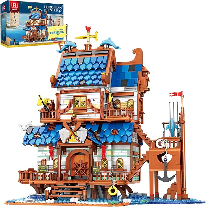 Reobrix Medieval Fishing Store Lighting Building Block Sets for Adults, Medieval Architecture Display or Home Office Decor, Creative Construction Building Kits 66007, Idea Gift for Adults