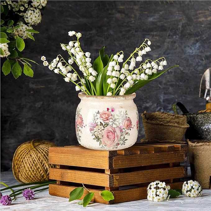 Vintage Planter Large Ceramic Plants Pot Beige Pink European Rose Ice Crack Cottage Scroll Vase Flower Vase Pot Indoor Plants Home Kitchen Decor Farmhouse Antique Decorative Gifts