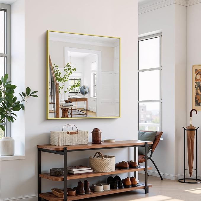 YIROMAN Bathroom Mirror 36"x40", Large Brushed Gold Bathroom Mirror for Over Sink with Aluminum Frame, Rectangular Vanity Mirror with Right Angle, Wall Mirror Hangs Horizontal or Vertical