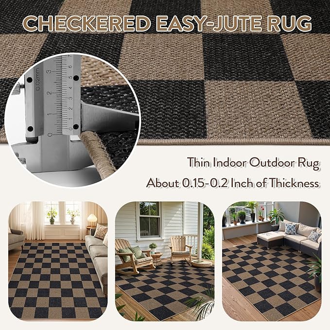 Lahome Checkered Easy Jute Living Room Rugs, 5x7 Black Dining Room Office Rug Farmhouse Washable Carpet, Checkerboard Neutral Non Slip Indoor Outdoor Carpet for Bedroom Entry Patio