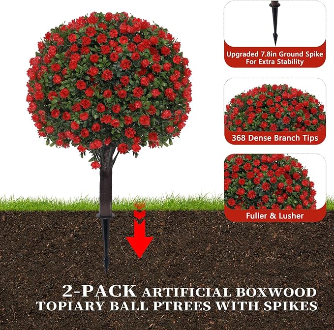 BAIJIALI Artificial Trees,2 Set of 16'' UV Resistant Fake Evergreen Shrubs Bushes Plants (Red Rose, 2 Packs)
