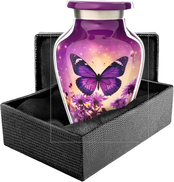 Olivia Memorials Urn for Ashes Women Men - Cremation Urns for Adult Male Female Human - Large Urns for Mom - mall Mini Keepsake (Purple Butterfly, 1 Small Keepsake)