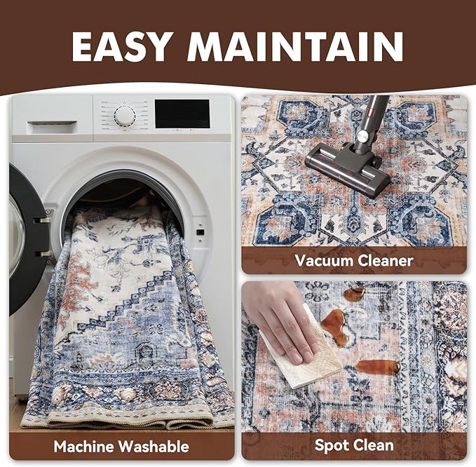 2x8 ft Runner Rug for Hallways Non Slip Washable Kitchen Runner Bedroom Bedside Runners Long Runners for Entryway Laundry Room Bathroom Neutral Vintage Blue Rust