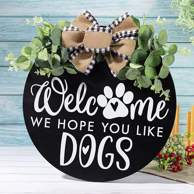 Welcome We Hope You Like Dogs Farmhouse Door Sign for Front Door Porch Decor with Eucalyptus Leaves & Buffalo Bow - Welcome Wreath Sign Hanging for Dogs Lovers Spring Summer Decor Housewarming Gift